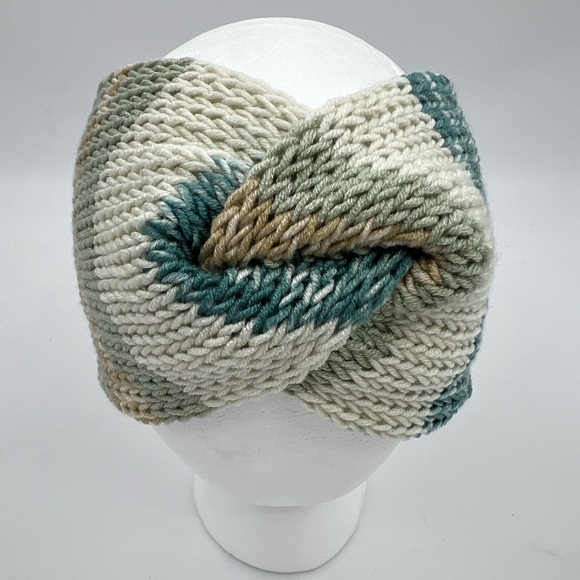 🎄🎆 Grey Green Brown Teal Cream Handmade Knit Twist Top Knot Headband Ear Warmer - Picture 2 of 5